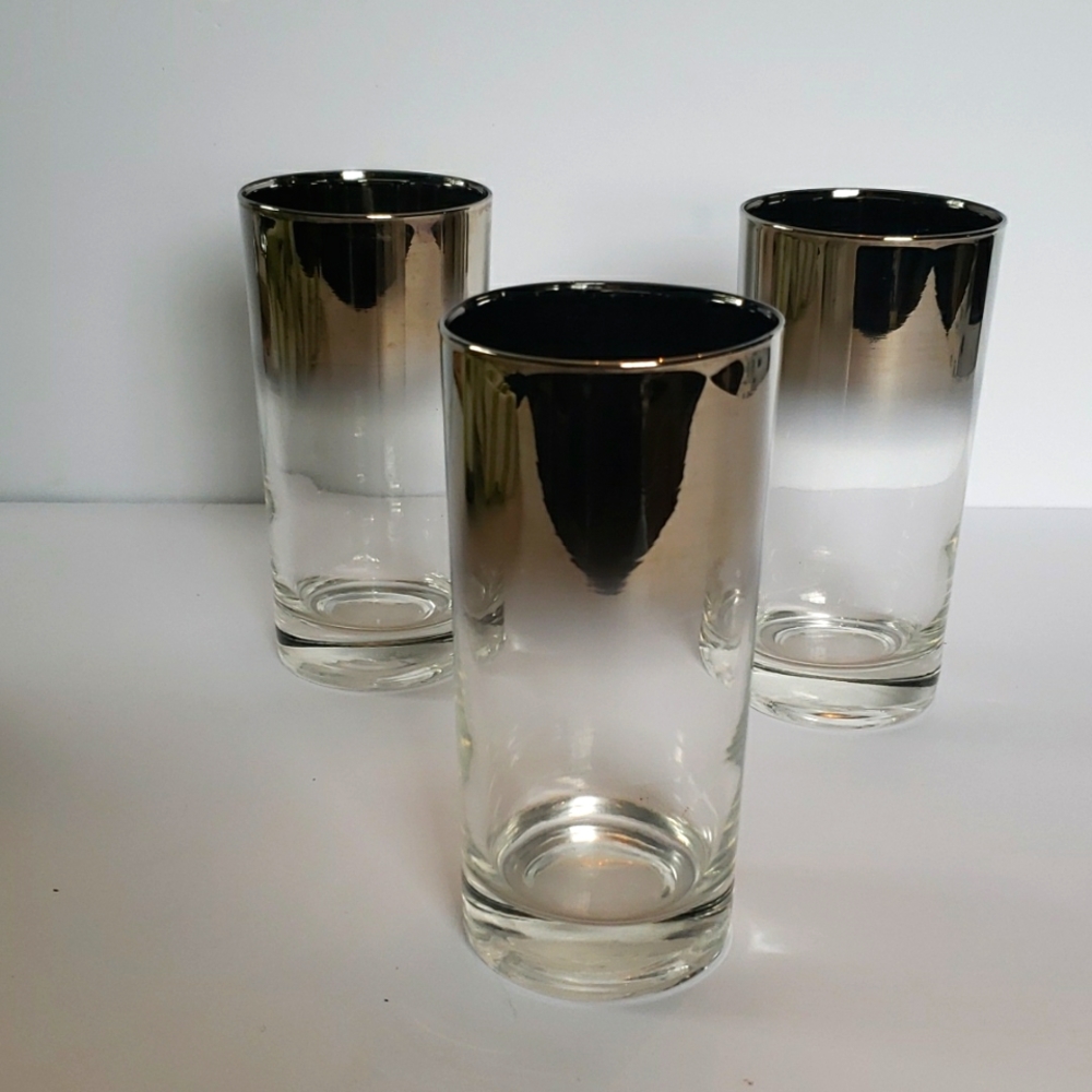 Three Vintage Ombre Silver Fade Tom Collins Glasses.